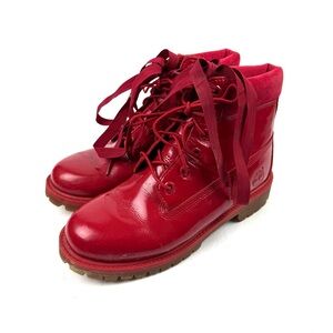 Timberland Youth Red Boots‎ 5.5 Patent Leather Lace Up Ribbon Bootie Primaloft